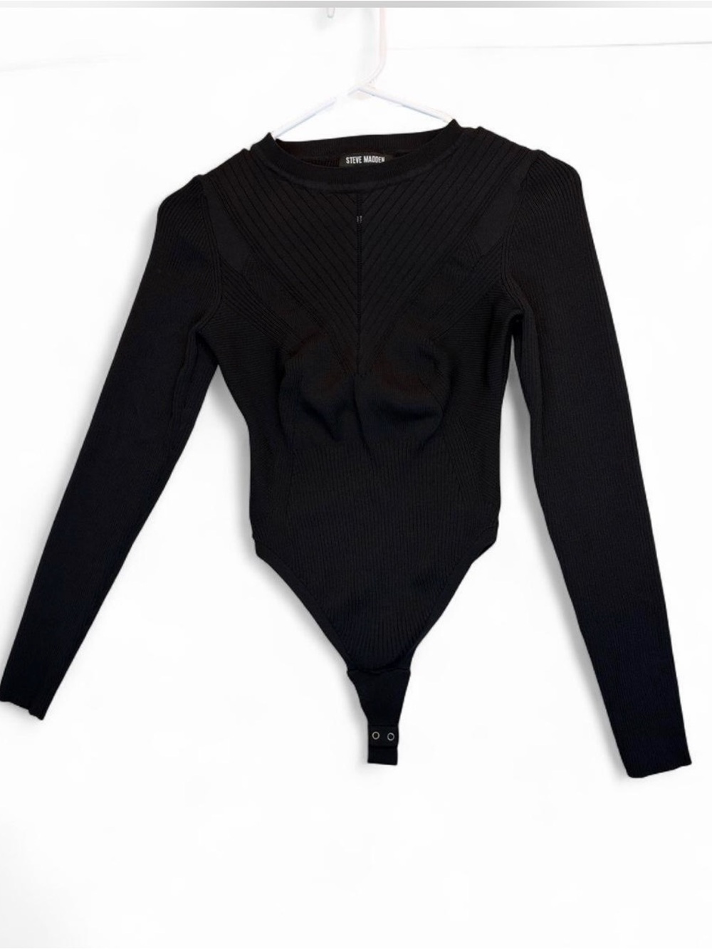 Steve Madden Black Ribbed Long-Sleeve Bodysuit Sweater